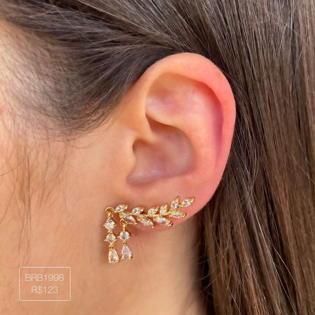 Brinco Ear Cuff Mini Navetes + 1 Gota e 2 Zircs Penduradas Cristal Dourada